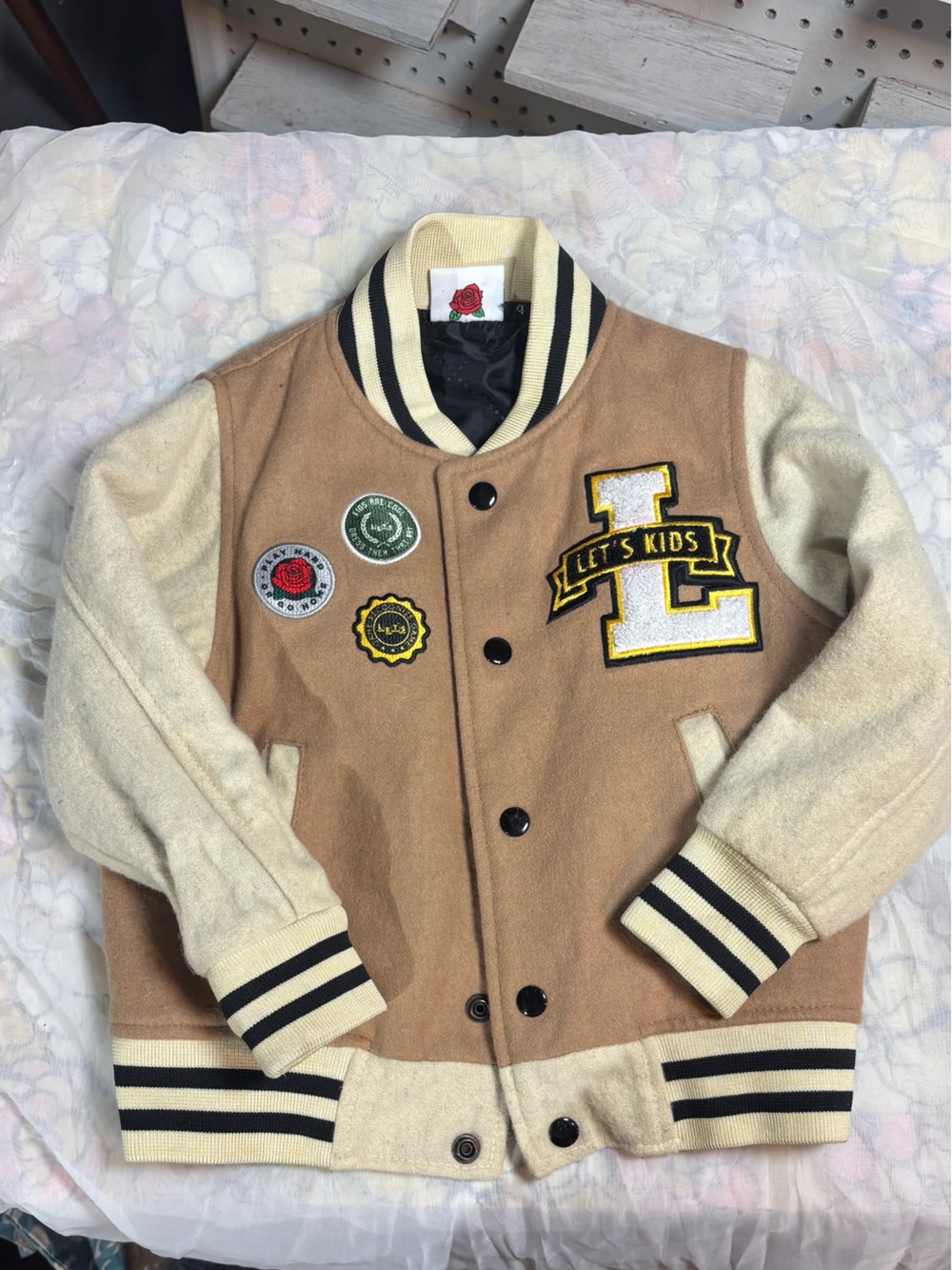 Kids Beige & Cream Varsity Jacket with Badge Details
